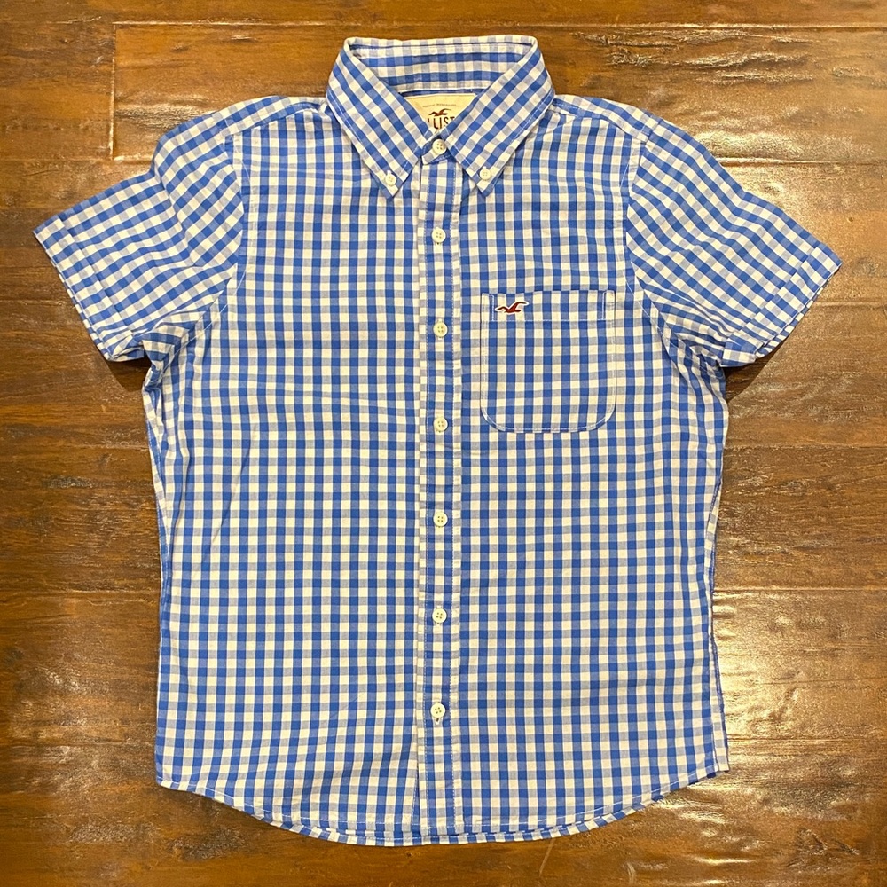 Hollister Blue & White Gingham Short-Sleeve Button-Down Shirt Size Small